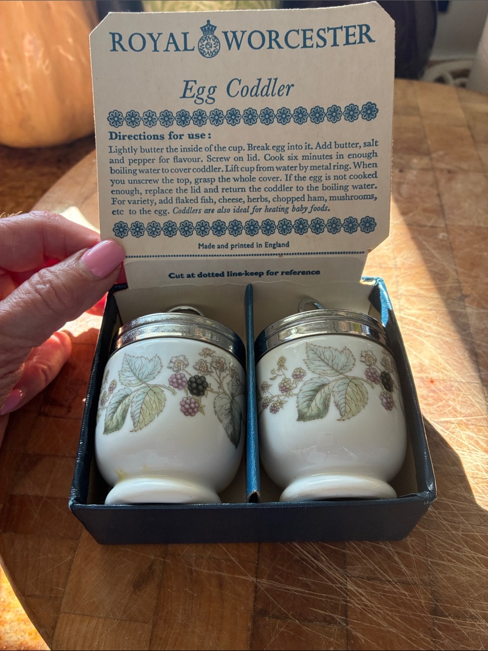 Royal Worcester White Porcelain Egg Coddlers with Blackberry Botanical Design